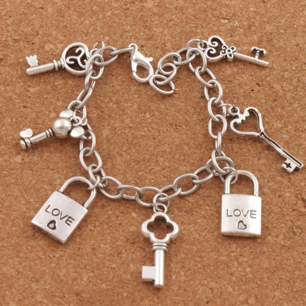 Antique Silver Key Lock Locket Charm Bracelets Stainless Steel Chains Bracelet 7