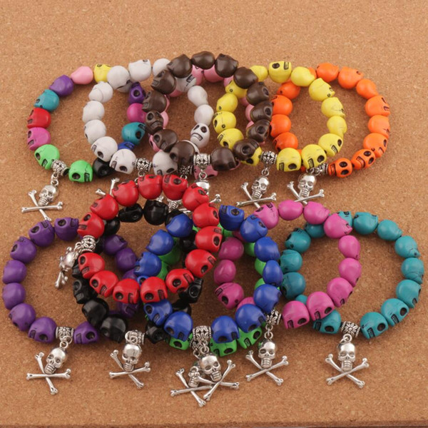 Hot Prayer Acrylic Colorful Skeleton Skull Beaded Bracelets Strands 24pcs/lot Elastic Unisex BB65 7inch 12colors