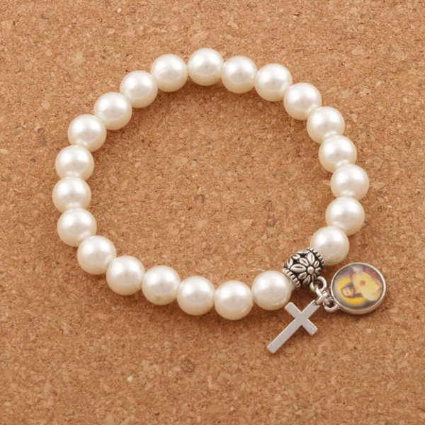 Catholic Saint Bracelets Benedict Medal Cross Charm Ivory Acrylic Pearl 8mm Round Beads Stretch Bracelet BB68 6.5