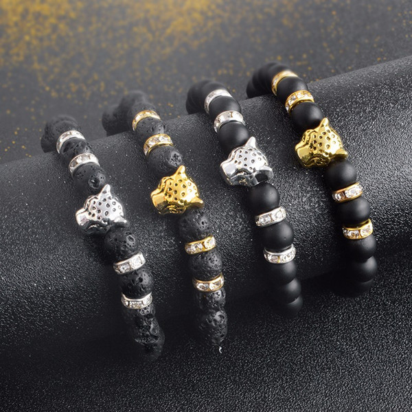 Natural Volcanic Rocks Bracelet Panther Head Elastic Rope Bracelet Men Women Geometric Scrub Beads Hand Strap Jewelry Accessories Wholesale