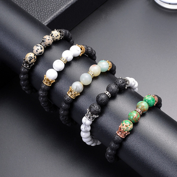 Natural White Turquoise Lava Volcanic Stone Couple Bracelet Copper Crown Micro-inlay Zircon Beaded Bracelet Jewelry Accessories Wholesale