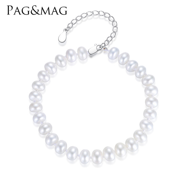 PAG&MAG Brand Classic 925 Sterling Silver Charm Chain 100% Freshwater Natural Pearl Bracelet For Women Jewelry Accessories