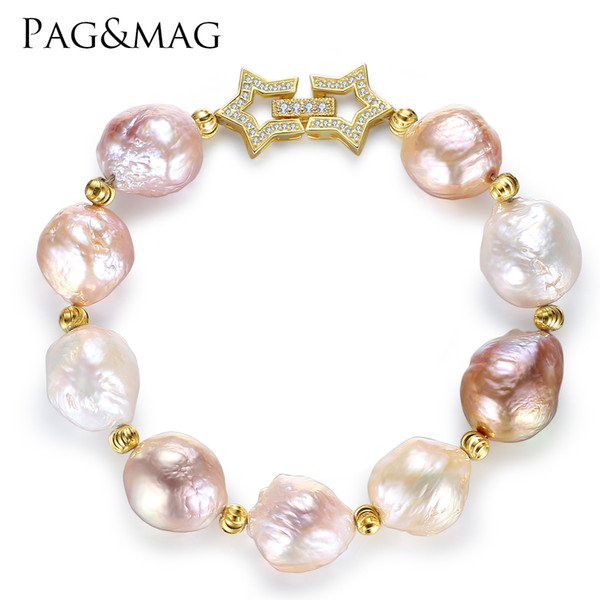 PAG&MAG Brand Freshwater Pearl Strand Bracelet 13-14mm Natural Multi Color Baroque Style Casual Trendy Bracelet for Women Party