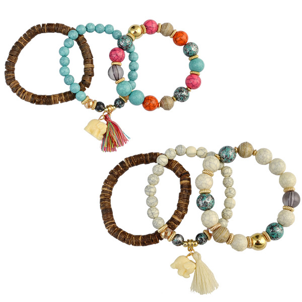 idealway Charming Multilayer 3Pcs/set Bohemian Fashion Vintage Style Wooden Turquoise Handmade Strength Beaded Bracelet Set