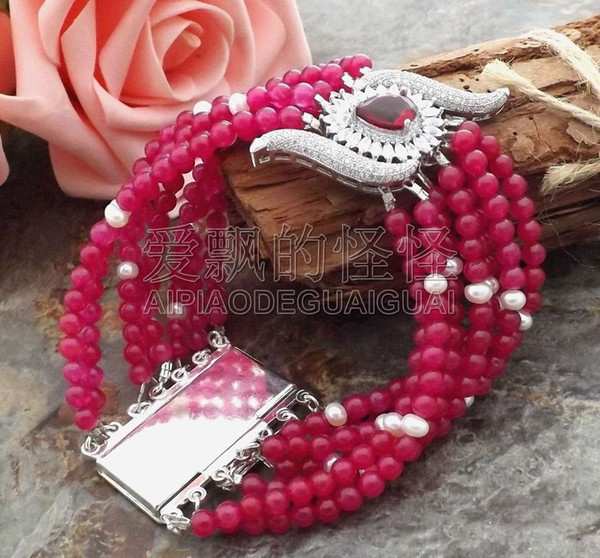 B070512 8'' 8Strands Red Stone White Pearl CZ Bracelet