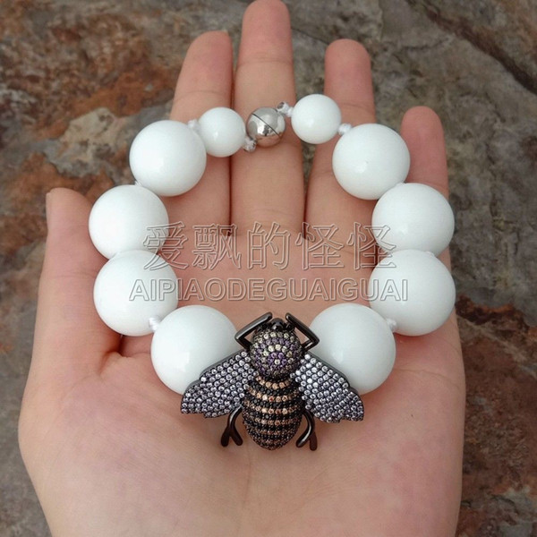 B013002 8'' White Porcelain CZ Beetle Connector Bracelet