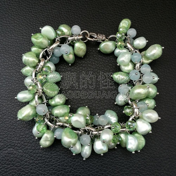 B080138 8'' Green Pearl Stone Crystal Bracelet