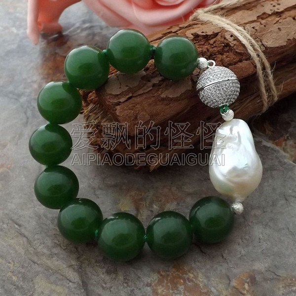 B061211 8'' 16MM Green Stone White Keshi Pearl Bracelet