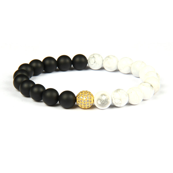 Men's Bracelet Micro Pave Cz Ball Beaded Couples Bracelets With 8mm Natural White Howlite & Matte Onyx Stone Beads