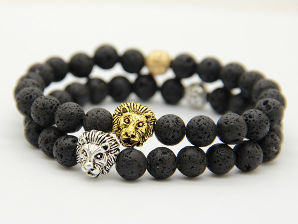 2016 New Mens Jewelry Wholesale 8mm Lava Rock Stone Beads Antique Silver&Real gold-plated Best Quality Lion Head Bracelet