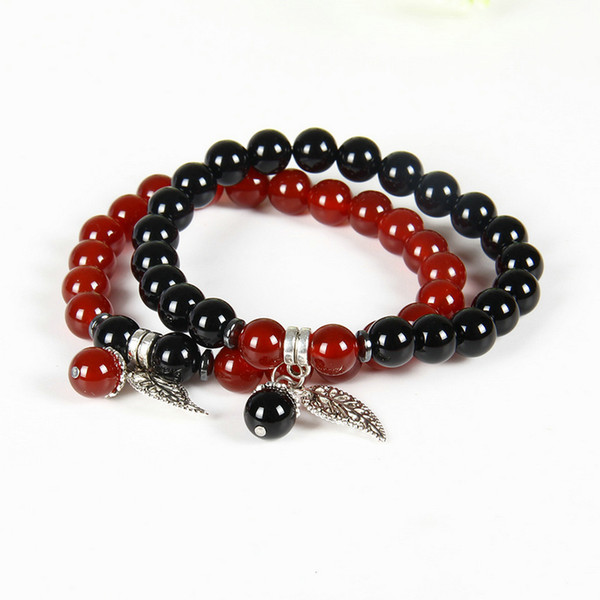 Wholesale Couples Jewelry Fruit Silver Leaf With 8mm A Grade Black Onyx & Red Agate Stone Beads 10pcs/lot Lovers Bracelets