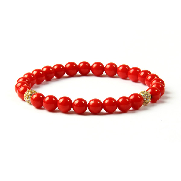 Ailatu Brand Jewelry 10 Pieces Wholesale 6mm A Grade Dyed Red Coral Stone Clear Cz Pave Ball Beaded Bracelet For Gift