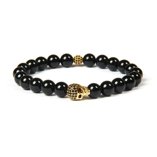 New Design Skull Bracelet Wholesale 10pcs/lot 8mm Black Onyx Stone Beads With Black Cz New Skull Beaded Bracelets For Party