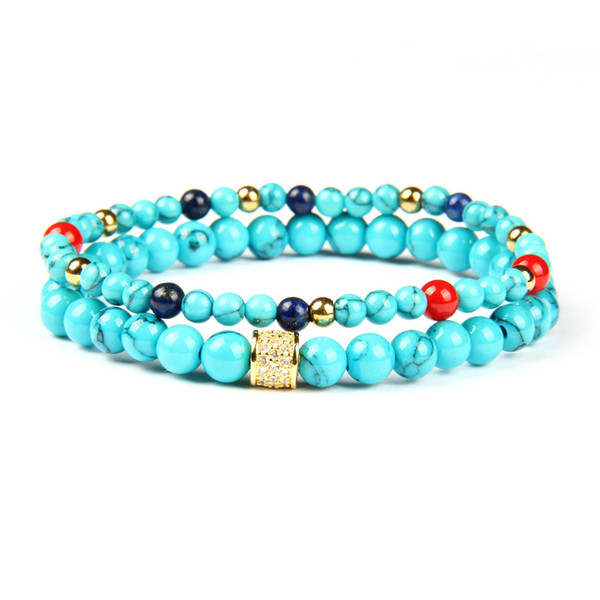 Luxury Men Bracelets Micro Pave Clear Cylinders Beaded Sets Bracelets With 4 & 6mm Blue Stone Designer Jewelry