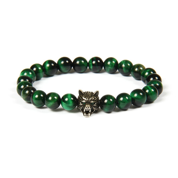 New Design Jewelry Wholesale 10pcs/lot 8mm Natural Green Tiger Eye Stone Beads With Micro Pave Cz Wolf Beaded Bracelet