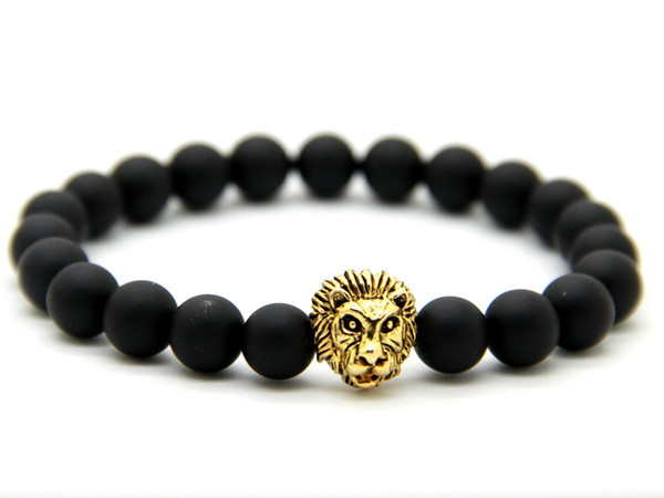 2015 New Design Mens Bracelets Wholesale 8mm Matte Agate Stone Beads Antique Gold, Silver and Rose Gold Lion Head Bracelets