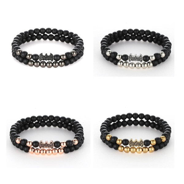 2pcs/set Couple Lover Bracelet Set Paved Zircon Batman 6mm Matted Black Agate Stone Beads Bracelet Balance Yoga Friendship Wristband Jewelry