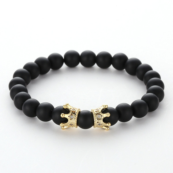 4 Colors Fashion Paved Zircon Crown Bracelet 8mm Matted Black Agate Stone Beads Bracelet Balance Yoga Friendship Wristband Jewelry