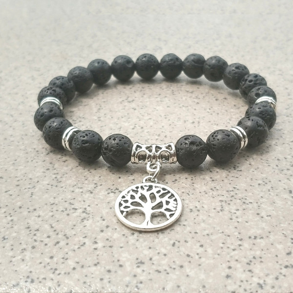 Classic Tree of Life Charms 8mm Black Lava Stone Beads DIY Aromatherapy Essential Oil Diffuser Bracelet Yoga Jewelry