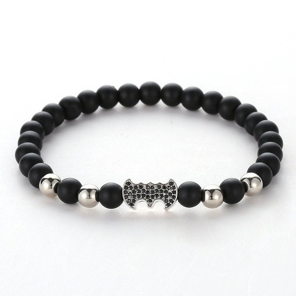 4 Colors Paved Zircon Batman Bracelet 6mm Matted Black Agate Stone Beads Bracelet Balance Yoga Friendship Wristband Jewelry