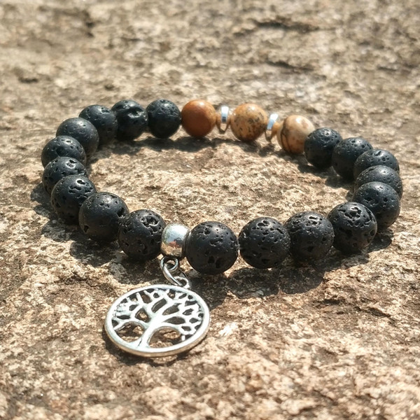 Hot 7 Chakras Tree of Life Charm Bracelet 8mm Turquoise Black Lava Rock Beads Bracelets Jewelry