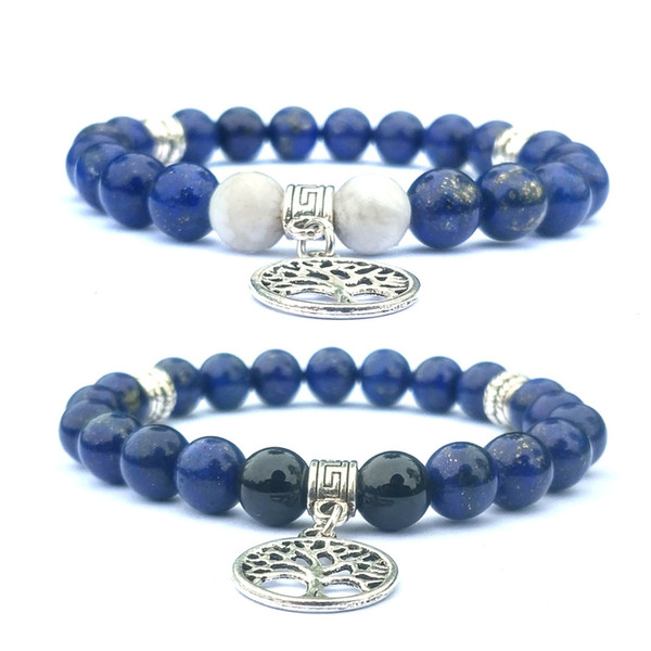 Classic Tree of Life Charms 8mm Lapis Lazuli Stone Beads Bracelet Black Agate Turquoise Buddha Yoga Jewelry