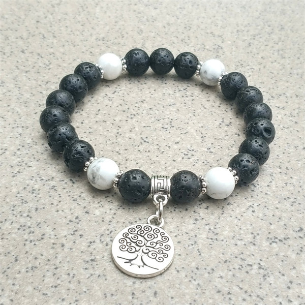 Tree of Life Turquoise Black Lava Stone Bracelet Aromatherapy Essential Oil Diffuser Bracelet Snowflake Spacer Men Women Stretch Jewelry