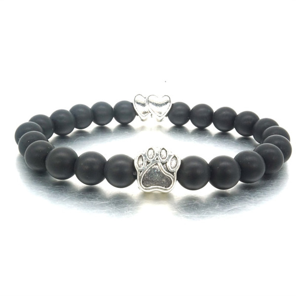 Black Stone Beads Bracelet Vintage Silver Cat Dog Paw Hearts Bracelet Pet Lover Stretch Yoga Jewelry