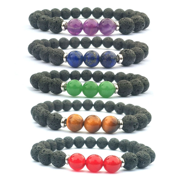 8MM Natural Stone Beads Bracelet Stainless Spacer Lava Stone Essential Oil DiffuserBracelet Women Stretch Yoga Bracelet Handmade Jewelry