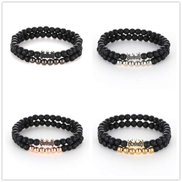 2pcs/set Couple Lover Bracelet Set Crystal Batman 6mm Matted Black Agate Stone Beads Bracelet Balance Yoga Friendship Wristband Jewelry