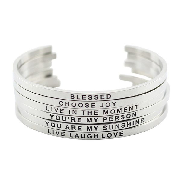 New arrival! 316L Stainless Steel Engraved Positive Inspirational Quote Cuff Mantra Bracelet Bangle for women men