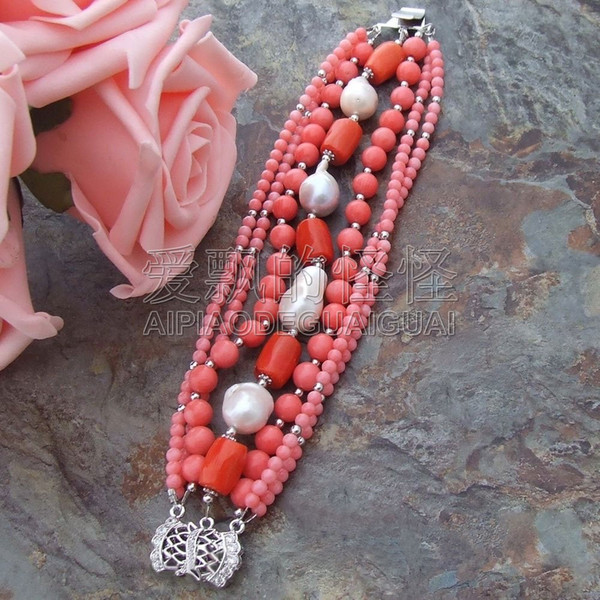 B110609 8'' 7 Strands Coral White Keshi Pearl Bracelet