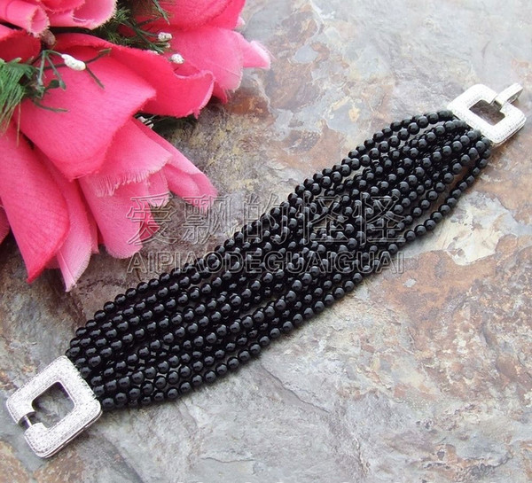 B102611 8' 12 Strands 4mm Round Onyx Bracelet CZ Clasp