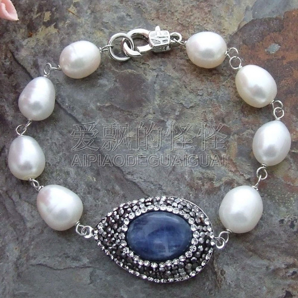 B011811 8'' White Pearl Bracelet Blue Kyanite Connector