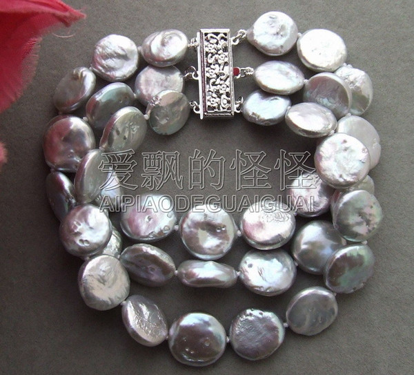 B011618 14MM Gray Coin Pearl Bracelet