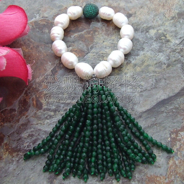 B071913 Green White Rice Freshwater Pearl Fringle Bracelet CZ Pendant