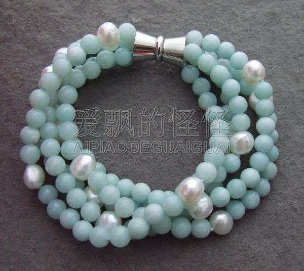 B130729 5 Strands Light Blue White Round Pearl Bracelet