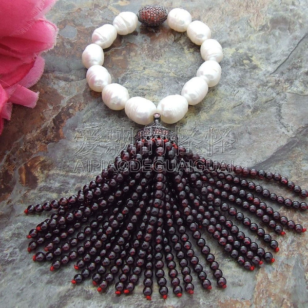 B072207 Natural White Rice Pearl Round Garnet Bracelet CZ Pave Connector