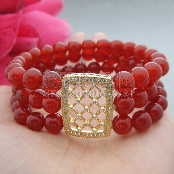 B080145 3 Strands Round Red Stone Bracelet CZ Connector