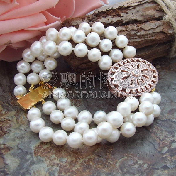 B051113 8'' 3 Rows 8.5mm White Pearl CZ Bracelet