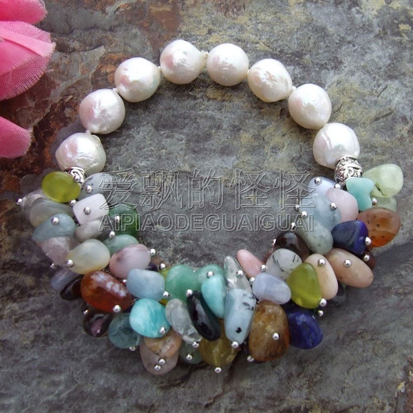 B111115 8'' White Keshi Pearl Multi Color Bracelet