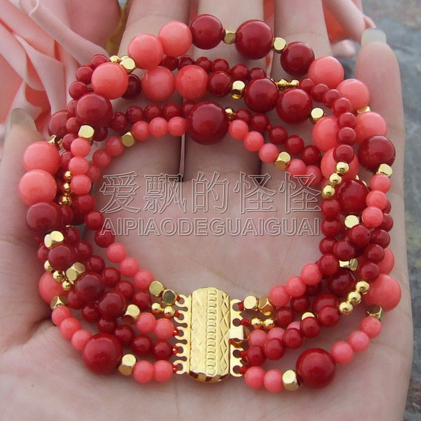 B070108 5 Rows 8'' Round Red Coral Bracelet