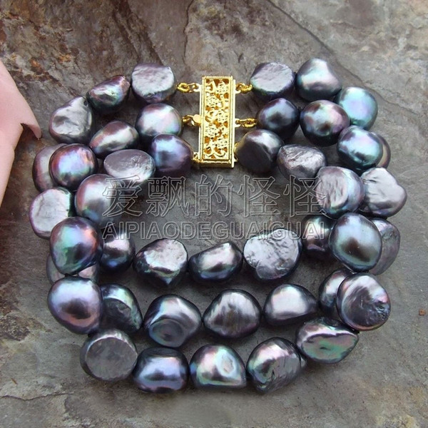 B010812 8'' 3 Strands Black Baroque Pearl Bracelet