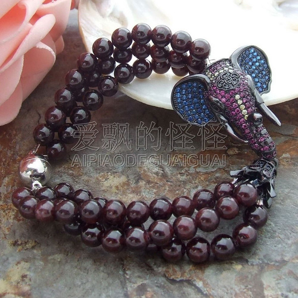 B070112 3Strands 8'' Natural 6mm Garnet Bracelet CZ Connector