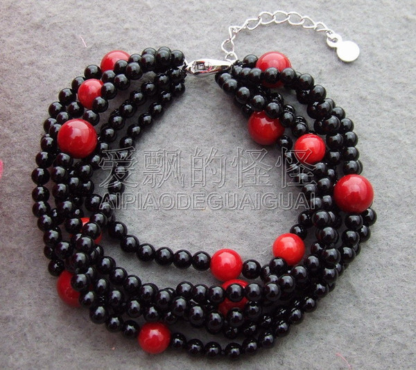 B100814 Charming! 6strands Coral&Onyx Bracelet