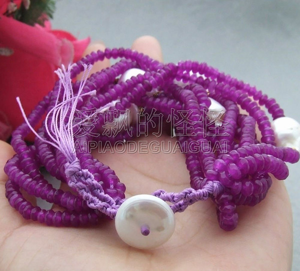 B060111 10Strand 18MM White Keshi Pearl Purple Faceted Stone Bracelet