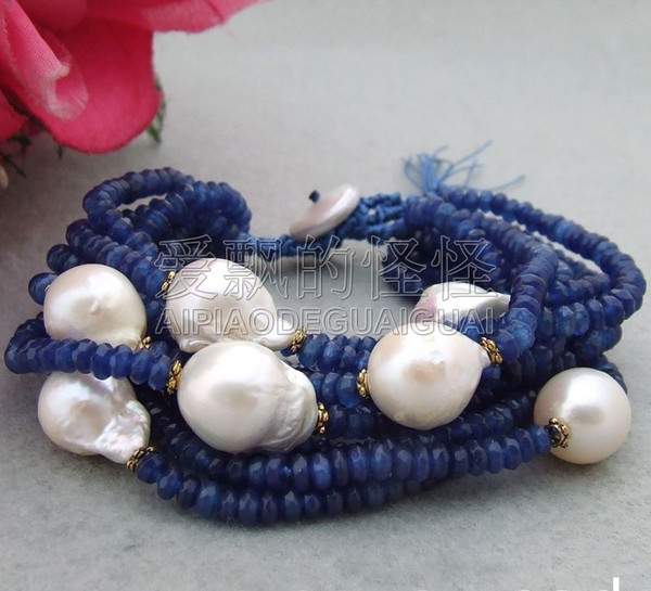 B060213 10 Strands 18MM Rebron Keshi Pearl Blue Faceted Stone Bracelet