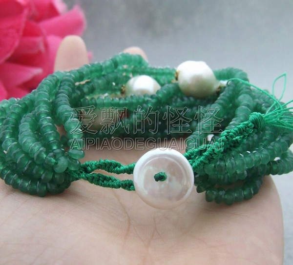 B060809 10 Strands White Reborn Keshi Pearl Green Faceted Bracelet