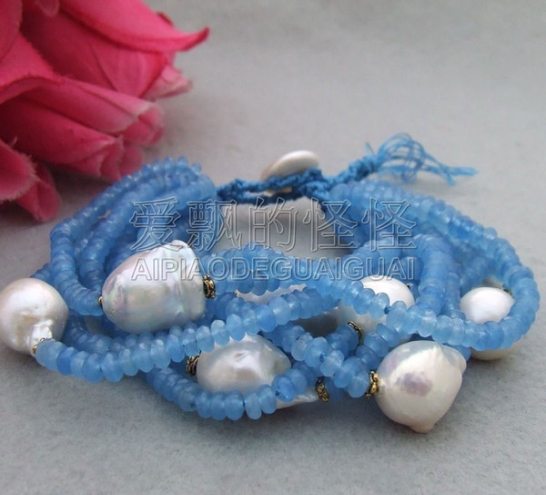 B060411 10 Strands Reborn Keshi Pearl Blue Faceted Rondelle Stone Bracelet