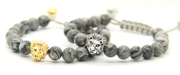 2016 New Design Mens Bracelets Wholesale 8mm Grey Picture Jasper Stone Beads Gold and Silver Macrame Lion Head Bracelets